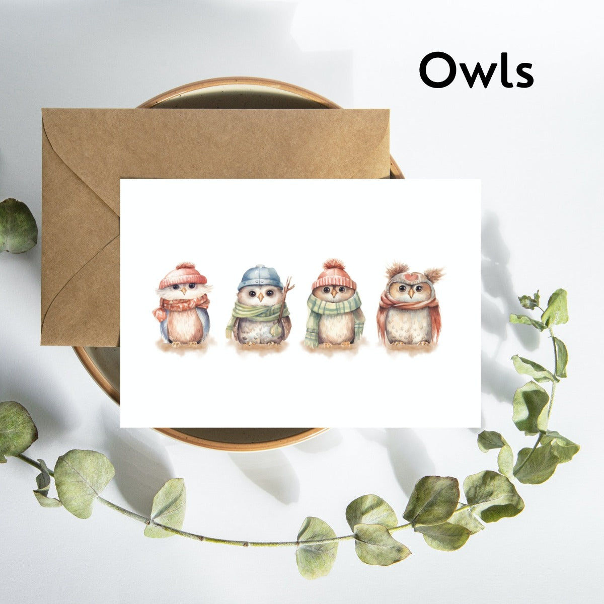 Mockup of greeting card with woodland owls
