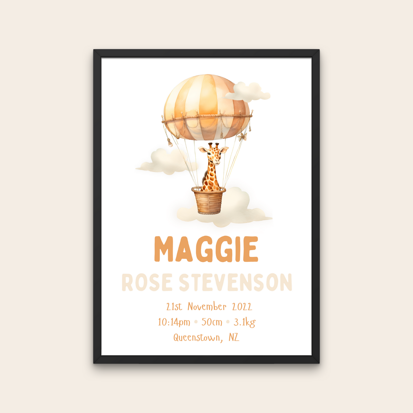 Birth Poster - Hot Air Balloon - Giraffe