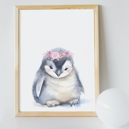 Mockup of baby penguin with floral headpiece