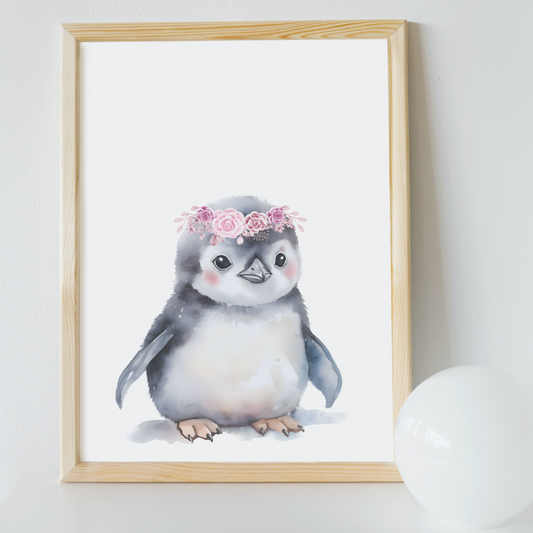 Mockup of a baby penguin with floral headpiece