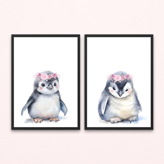 Mockup of set of two penguins with floral headpiece