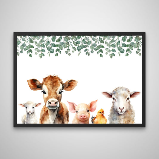 Farm friends print on white wall mockup