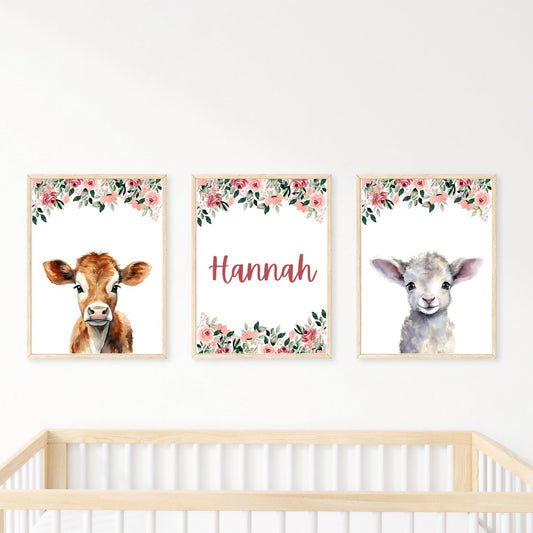 Cow and sheep nursery print, personalised