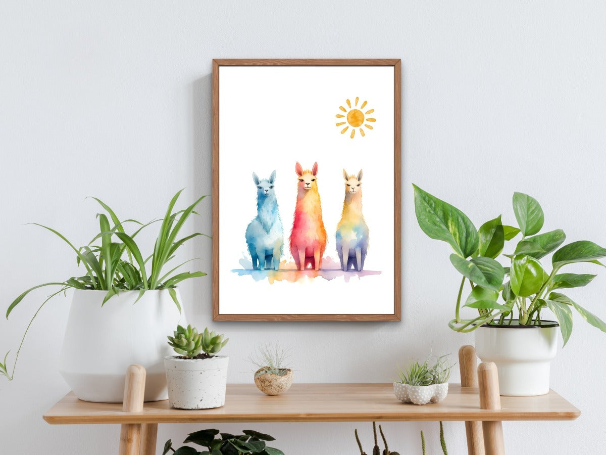Mockup of Nursery print llamas watercolour in sun