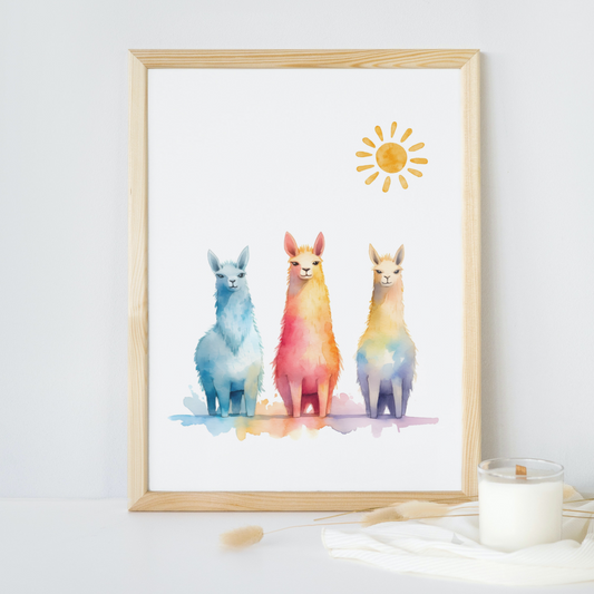 Nursery print mockup of llamas on shelf