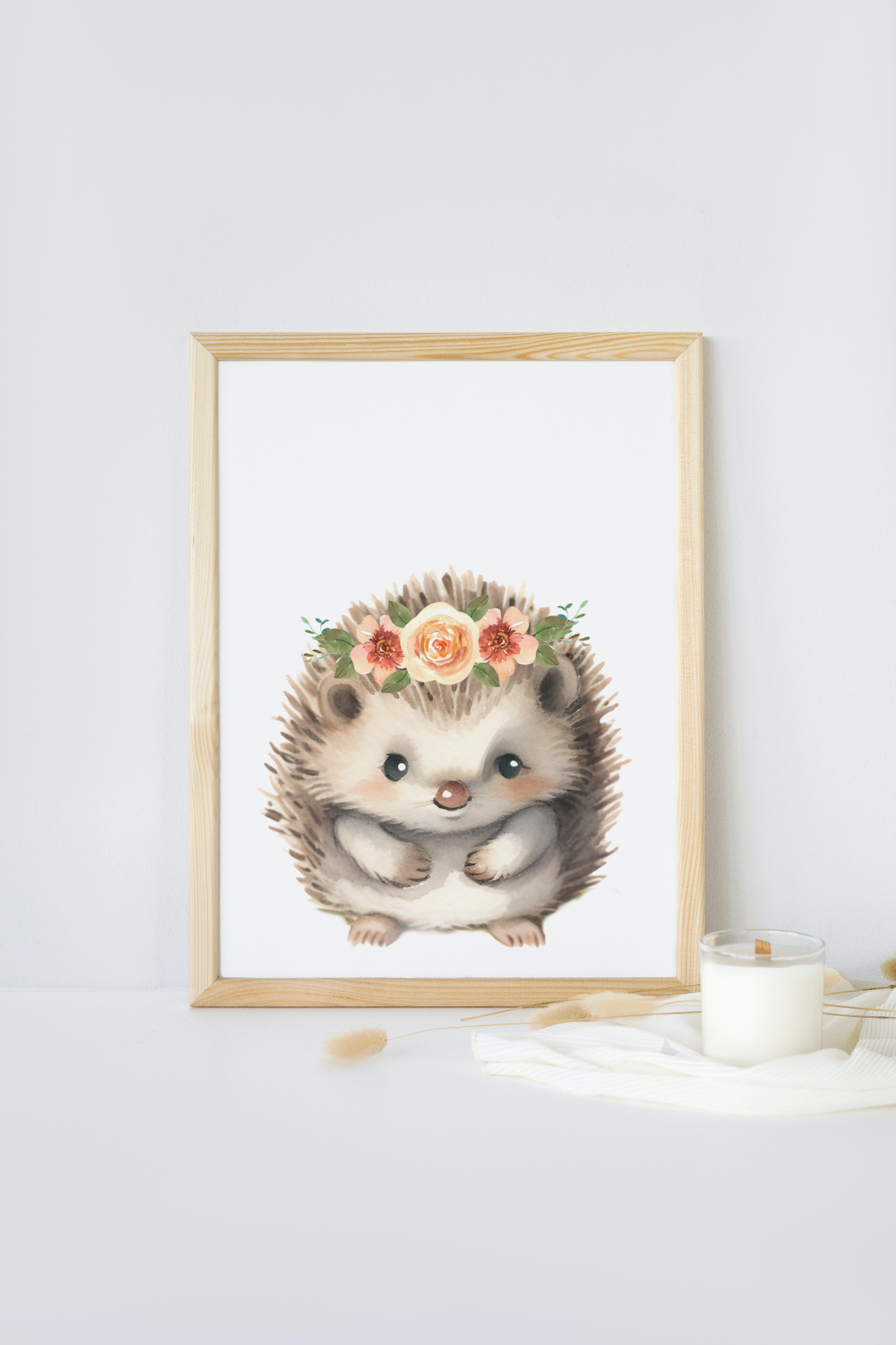 Mockup image of woodland hedgehog with floral headpiece - nursery print