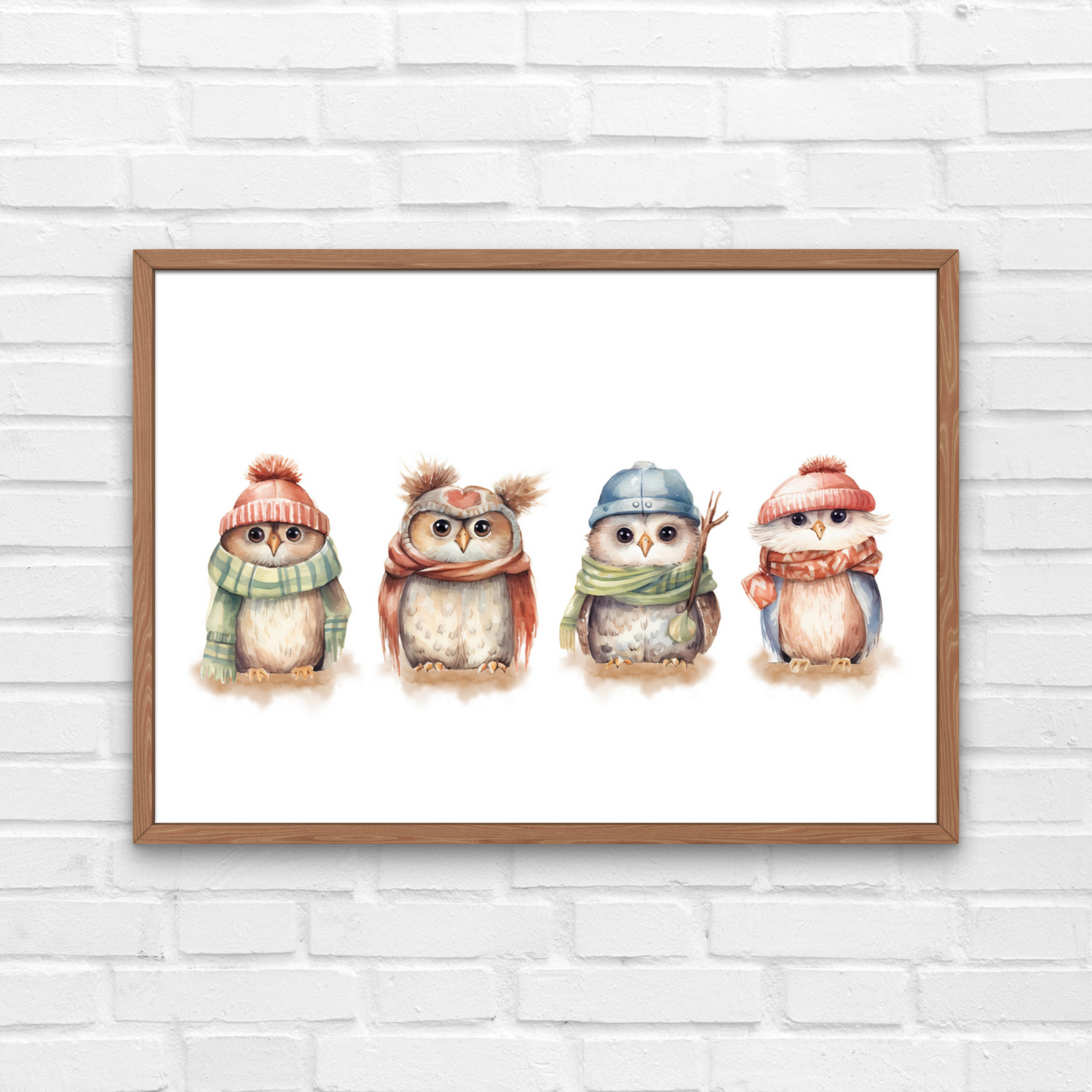 Mockup image of woodland owls in a line