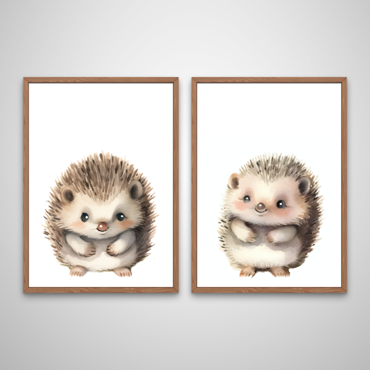 Mockup of two nursery prints of cute hedgehogs