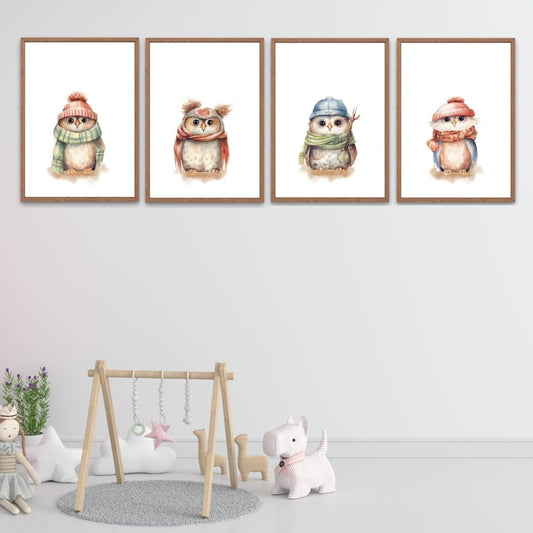 Mockup of owls in situ in a line